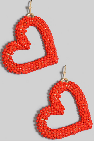 Red Seed Beaded Heart Dangle Earrings