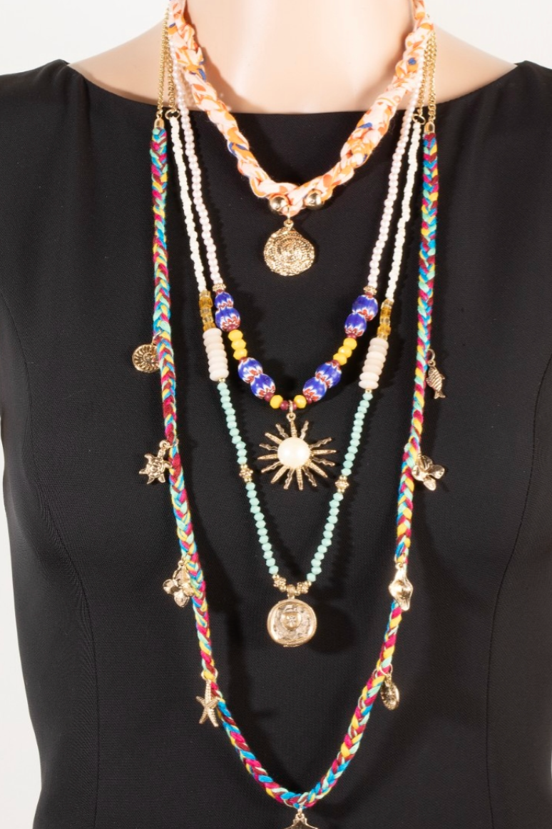 Layered Sealife Charms Fabric Chain Necklace