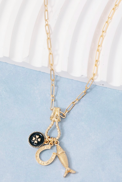 Fish, Clover & Horseshoe Charms Necklace
