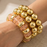 Pink Chunky Stone & Gold Ball Beaded Bracelet Set