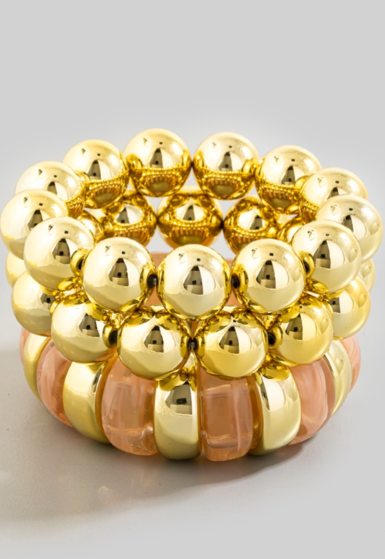 Pink Chunky Stone & Gold Ball Beaded Bracelet Set