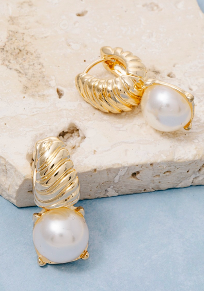 Pearl Dome Charm Hoop Earrings