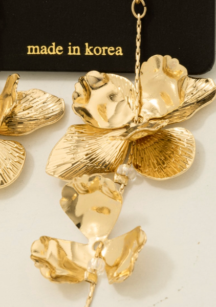 Gold Flowers & Pearl Dangle Earrings