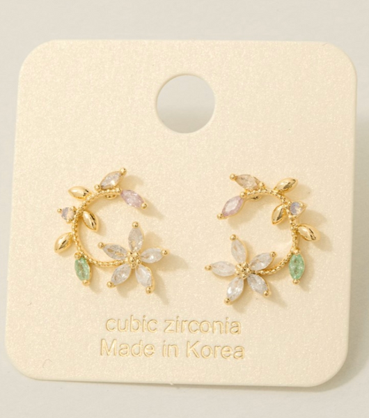 Cz Leaf And Flower Circle Stud Earrings
