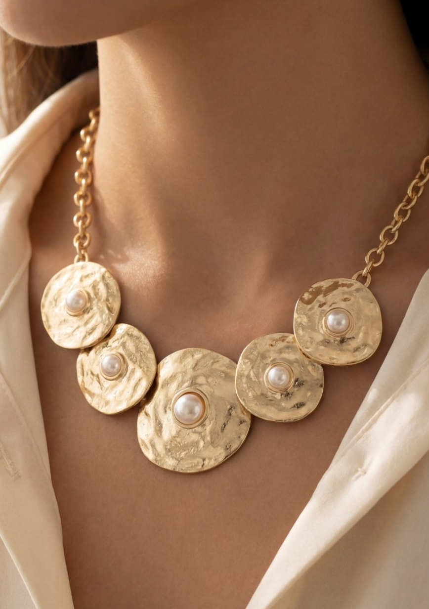 Chunky Hammered Disc With Pearl Statement Necklace