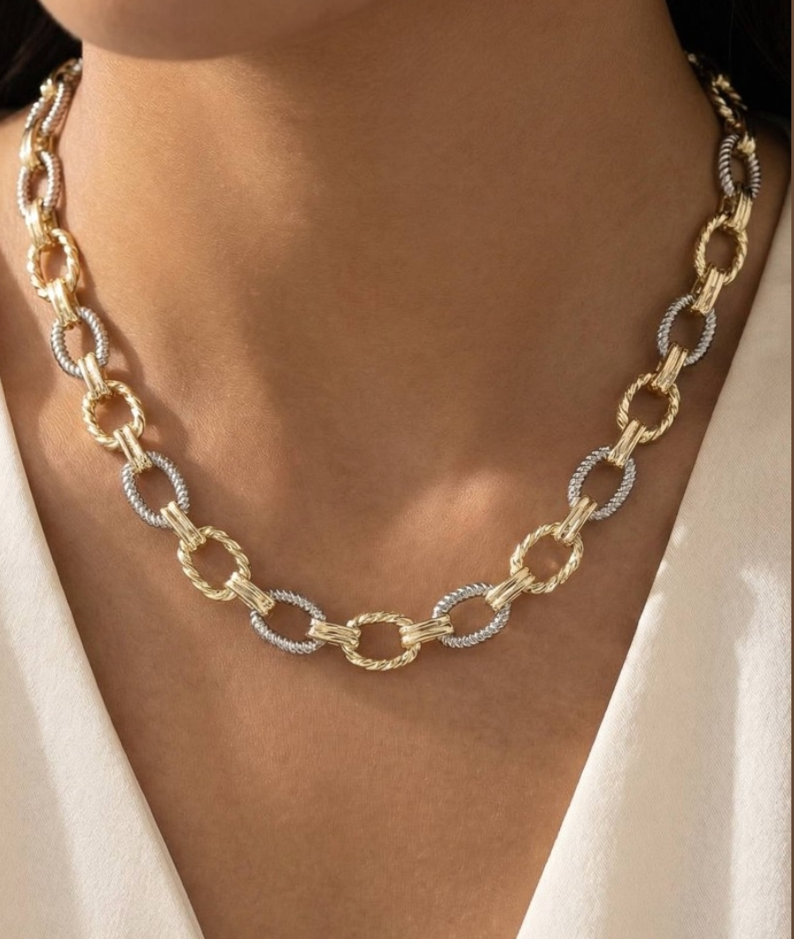Two Tone Textured Oval Chain Necklace