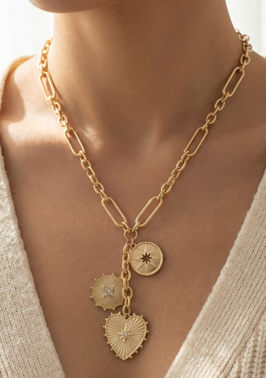 Heart And Coin Pendants Chain Necklace