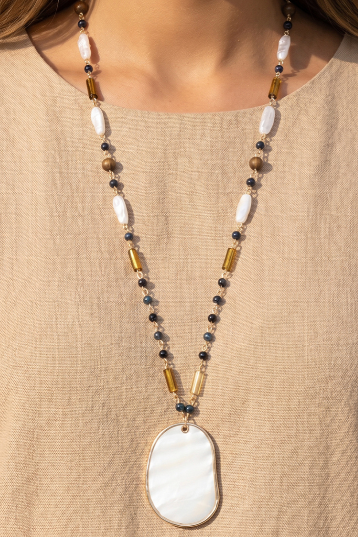 Mother Of Pearl Pendant Multi Bead Necklace