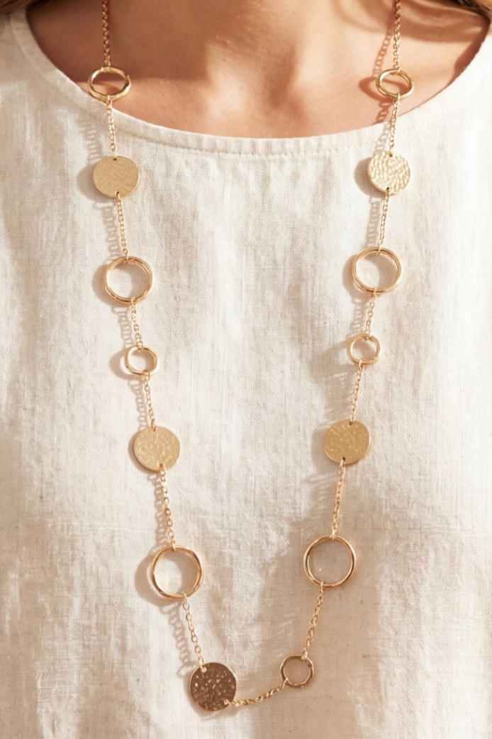 Long Hammered Disc & Open Circle Station Necklace
