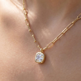 Gold Dipped Cz Cushion Cut Bezel Paperclip Necklace