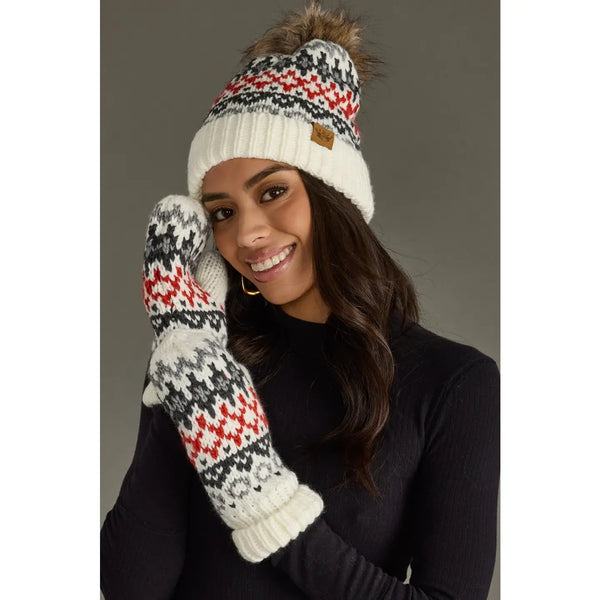 Ivory, Red & Gray Winter Pattern Pom Hat