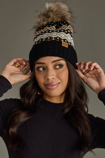 Mustard, Blue & Black Patterned Pom Hat