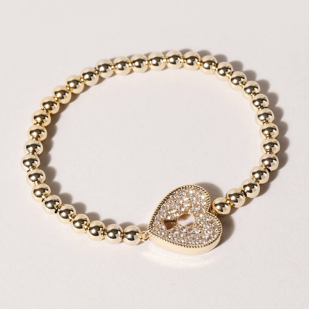 Pave CZ Heart Gold Beaded Bracelet