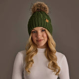 Dark Green Cable Knit Pom Hat