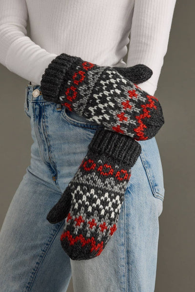 Dk. Gray, Red & White Winter Pattern Mittens