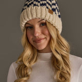 Beige, Navy & Lt. Blue Patterned Pom Hat
