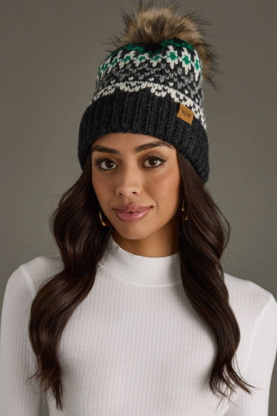 Green, Dark Gray & White Winter Pattern Pom Hat