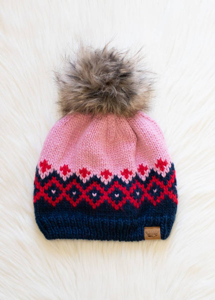 Pink, Navy & Red Patterned Pom Hat