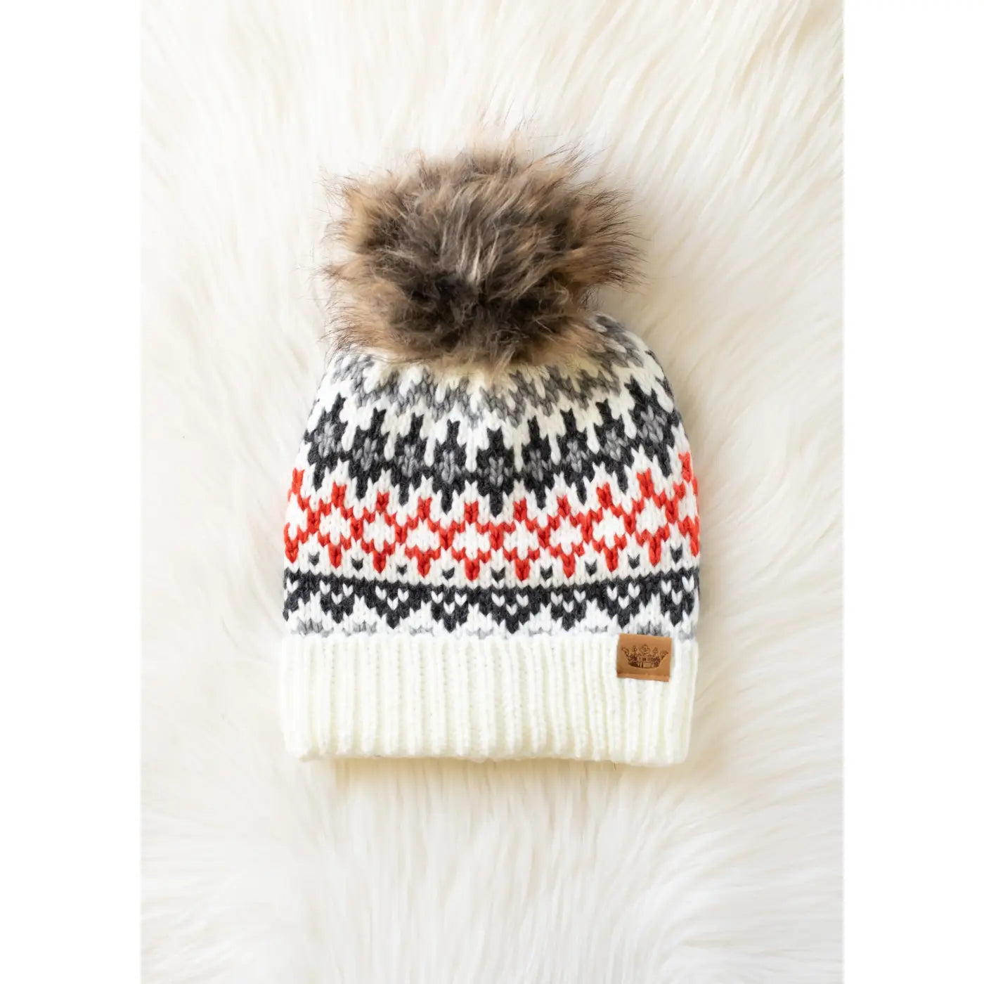Ivory, Red & Gray Winter Pattern Pom Hat