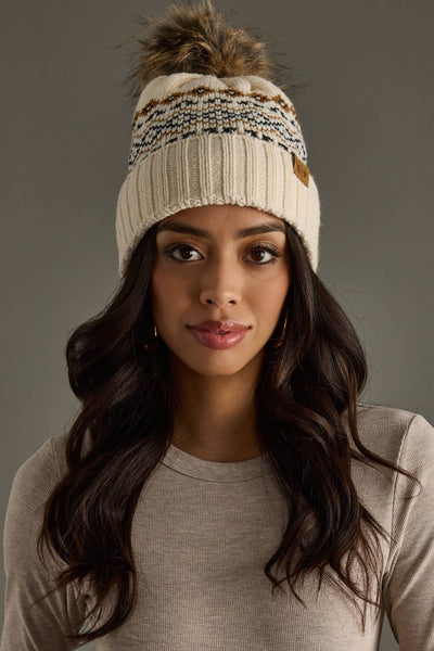 Cream, Black & Camel Patterned Pom Hat