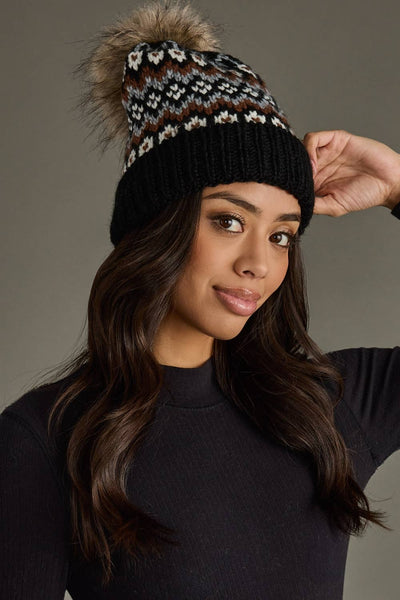 Black, White & Brown Winter Pattern Pom Hat