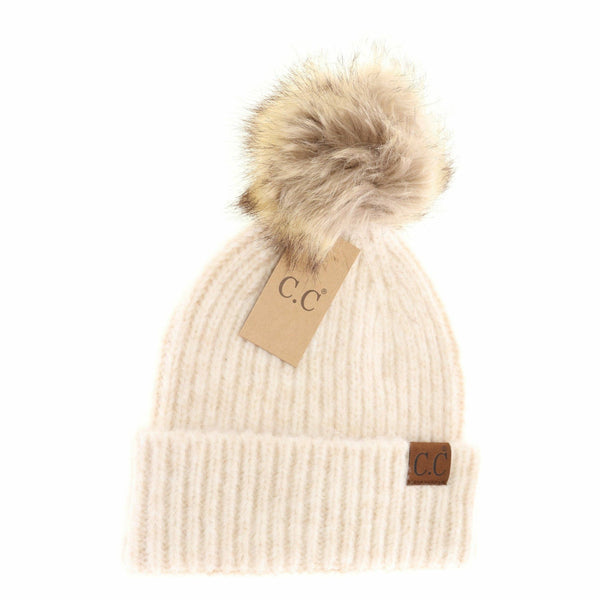 Soft Ribbed Fur Pom C.C Beanie - 4 colors