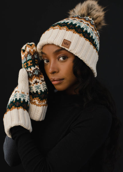 Cream & Multicolored Patterned Pom Hat