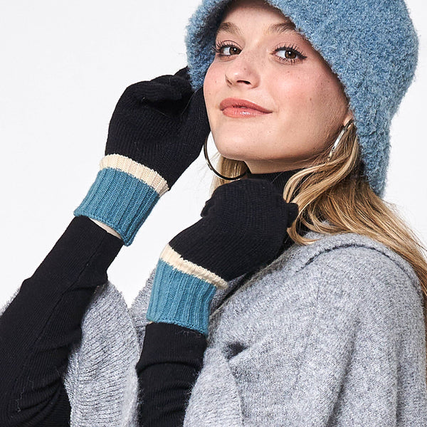 Three Tone Knit Plain Winter Long Gloves - 3 colors