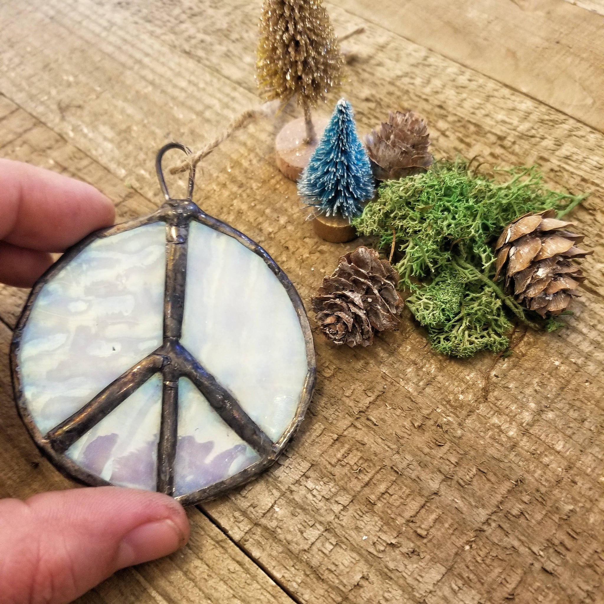Peace sign Stained glass ornament: Irridescent or Purple
