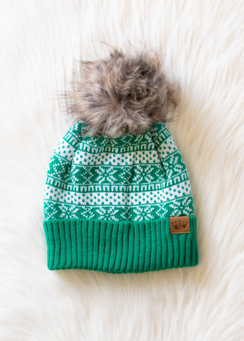 Green & White Winter Pattern Pom Hat