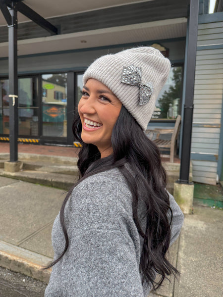 Rhinestone Bow Cuff C.C Beanie - 2 colors