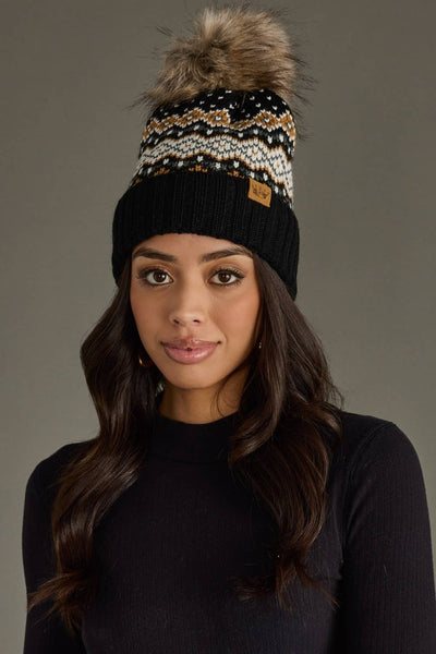 Mustard, Blue & Black Patterned Pom Hat
