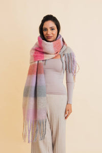 Pink Cozy Stripe Oversized Fringe Scarf