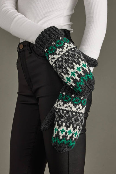 Green, Dark Gray, White & Green Winter Pattern Mittens
