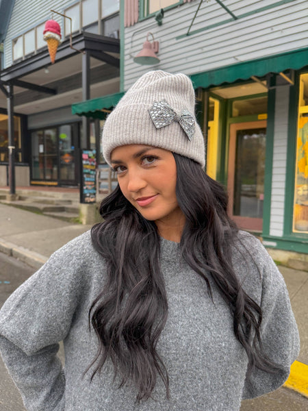 Rhinestone Bow Cuff C.C Beanie - 2 colors