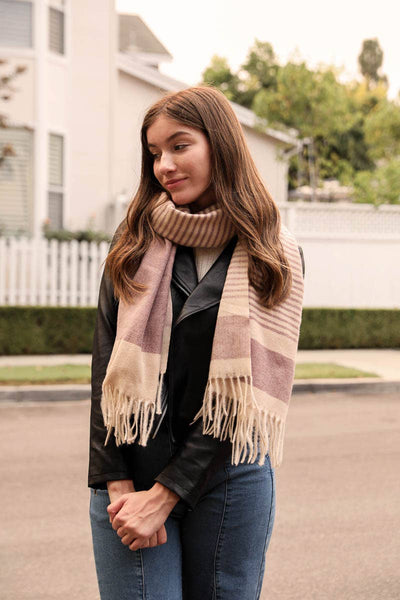 Pink Stripe Woven Tassel Scarf