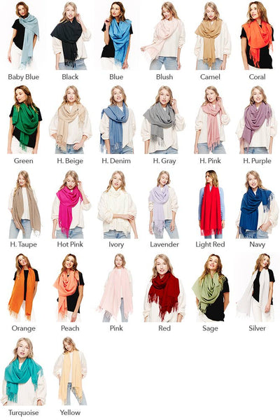 Soft Cashmere Blend Solid Color Fringes Scarf - 8 colors