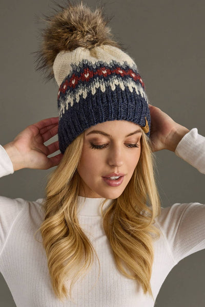 Blue, Red & Gray Patterned Pom Hat