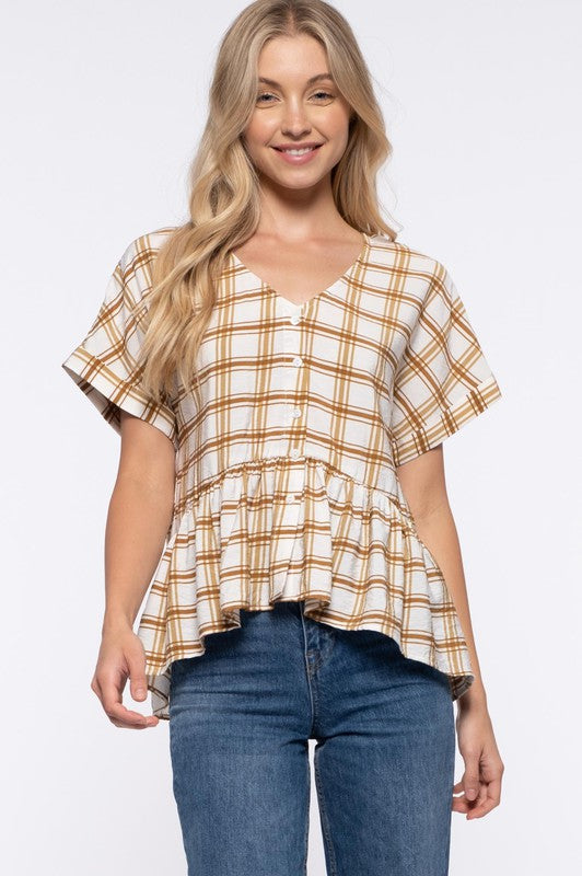 Grid print short sleeve peplum top - the Elisa