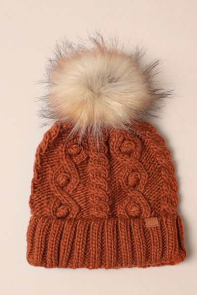 Popcorn Trim Knit Beanie with Faux Fur Pom - 4 colors