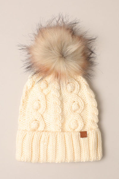Popcorn Trim Knit Beanie with Faux Fur Pom - 4 colors