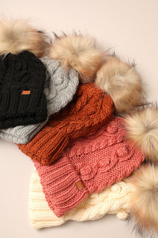 Popcorn Trim Knit Beanie with Faux Fur Pom - 4 colors