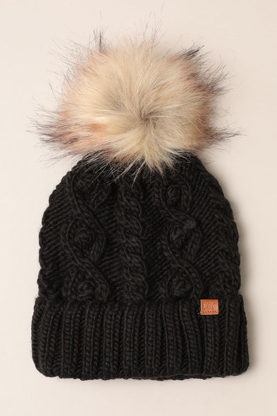 Popcorn Trim Knit Beanie with Faux Fur Pom - 4 colors