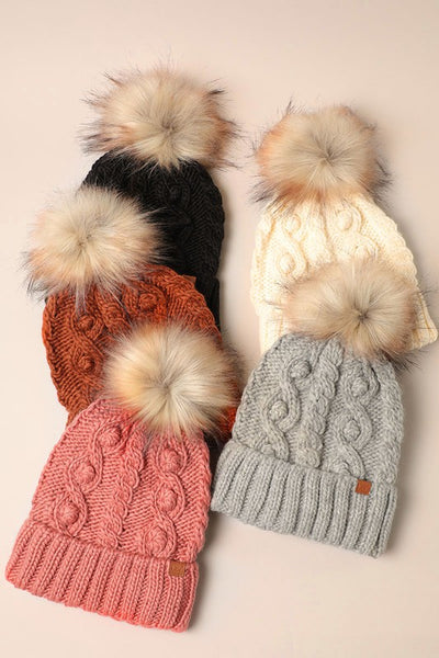 Popcorn Trim Knit Beanie with Faux Fur Pom - 4 colors