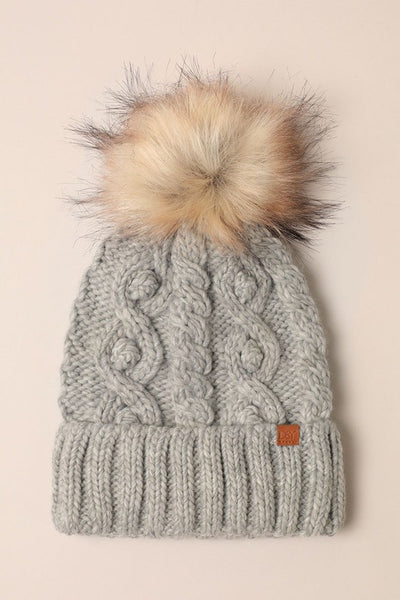 Popcorn Trim Knit Beanie with Faux Fur Pom - 4 colors