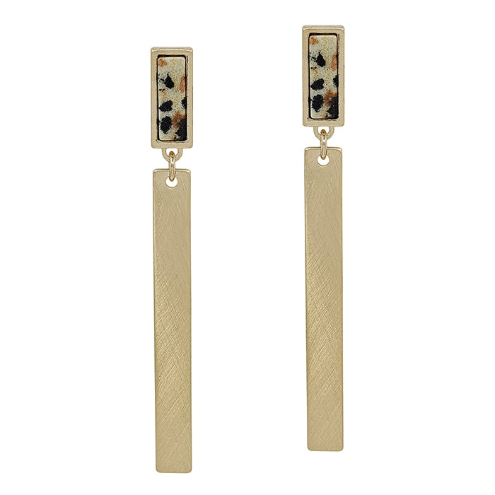 Dalmatian Natural Stone and Gold Bar 2" Earring