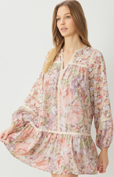 Mixed floral print long sleeve short dress - the Britt