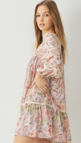 Mixed floral print long sleeve short dress - the Britt