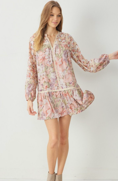 Mixed floral print long sleeve short dress - the Britt