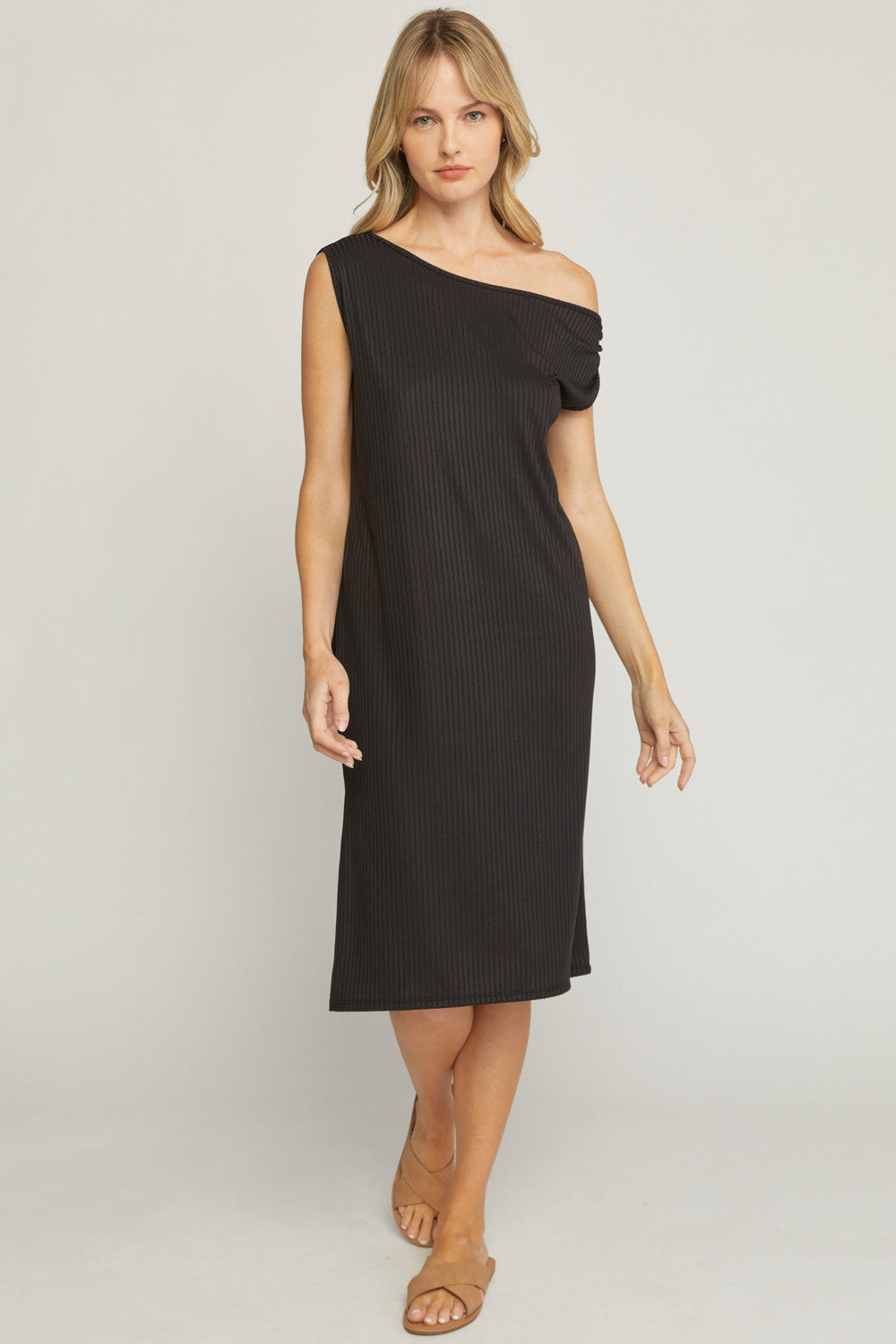 Off the shoulder lightweight Ribbed black dress - the Colleen